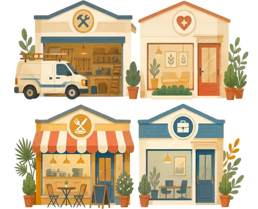 Illustration of four local storefronts — a trade workshop, a wellness clinic, a café and a professional office
